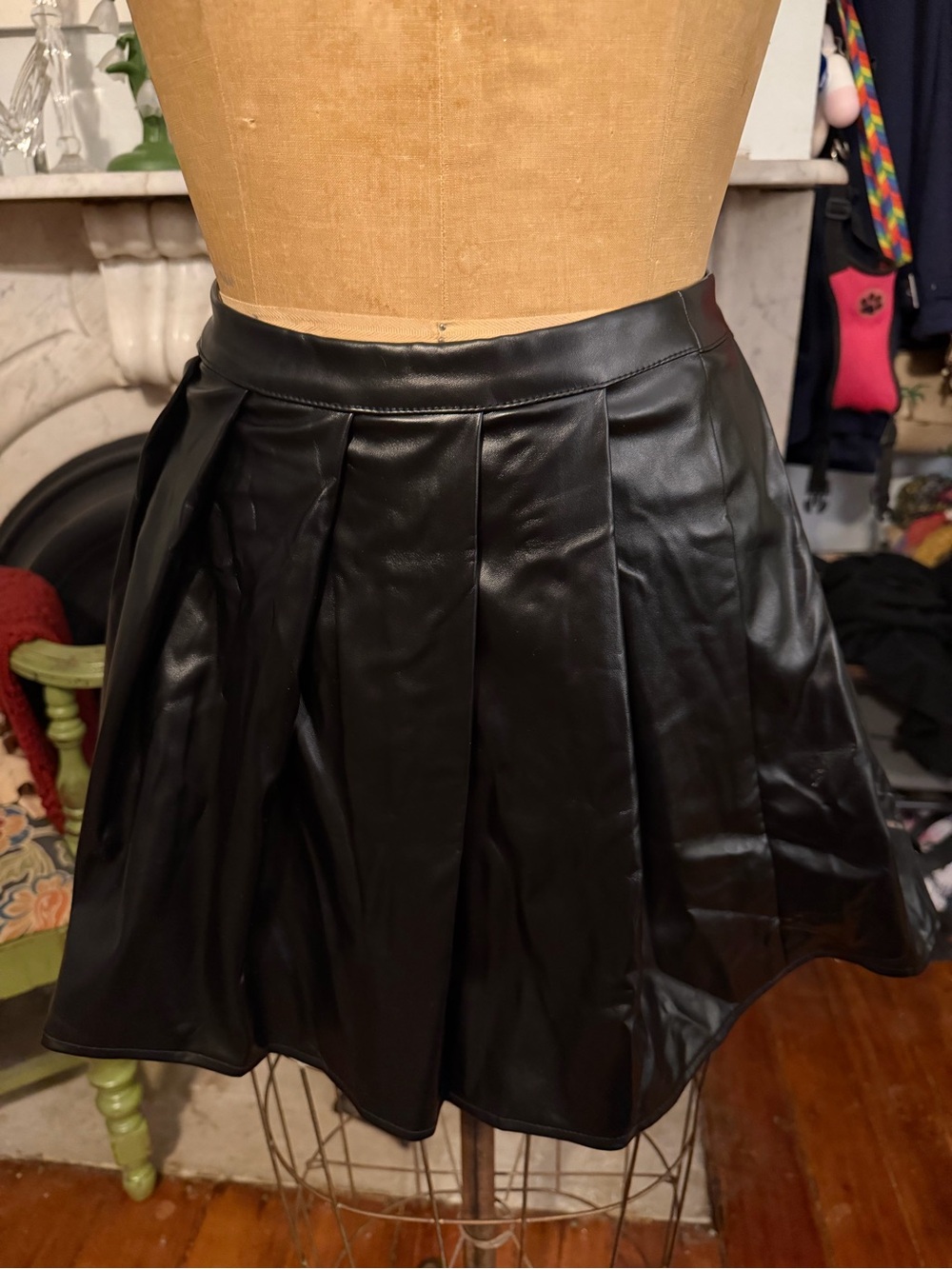 Black Faux Leather Skater Skirt - Women's